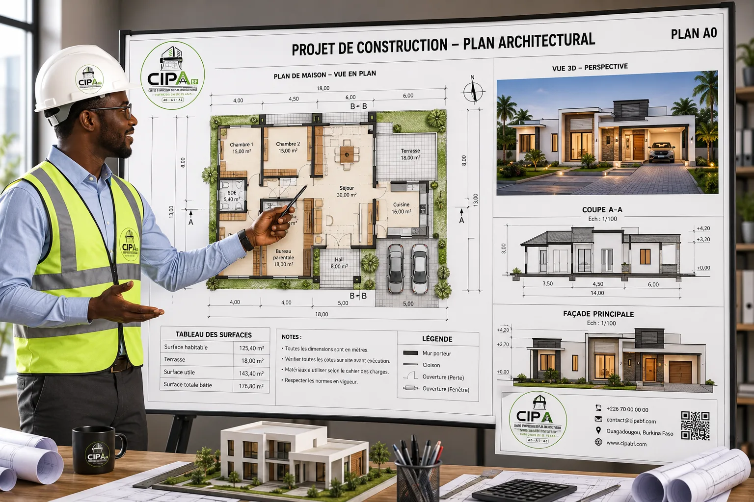 Un architecte présente un plan de construction grand format (format A0) imprimé par CIPA BF